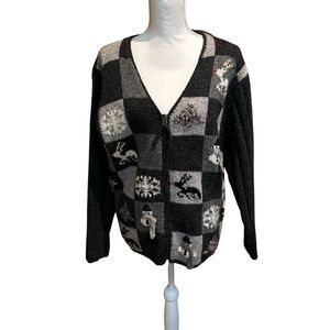 Susan‎ Bristol Grey Christmas Full Zip Wool Vintage Sweater Cardigan Large